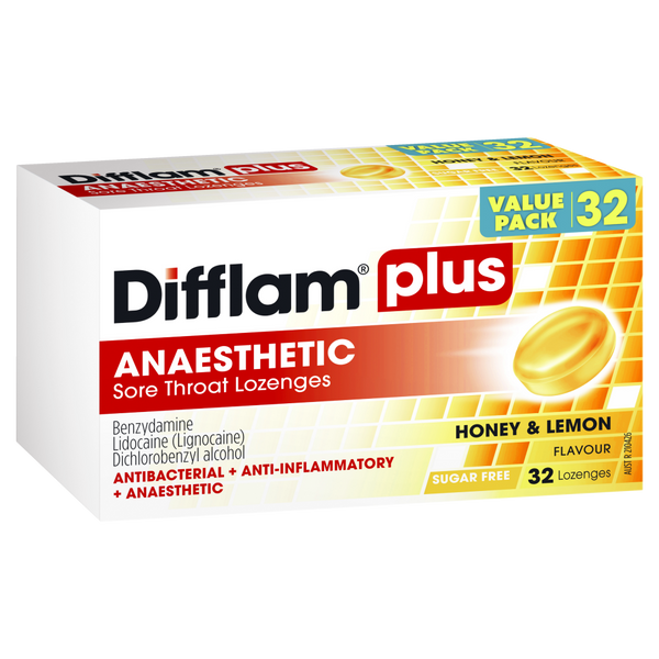 DIFFLAM Lozenges Plus Anaesthetic Honey Lemon - 32 LOZENGES VALUE PACK